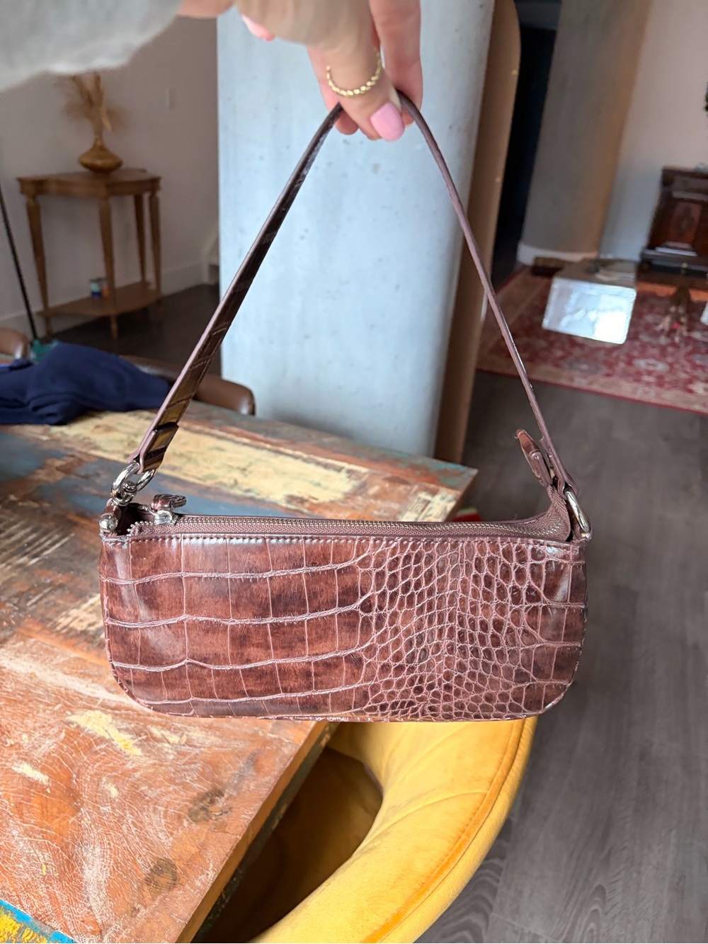 Brown Croc-Embossed Shoulder Bag - urban outfitters